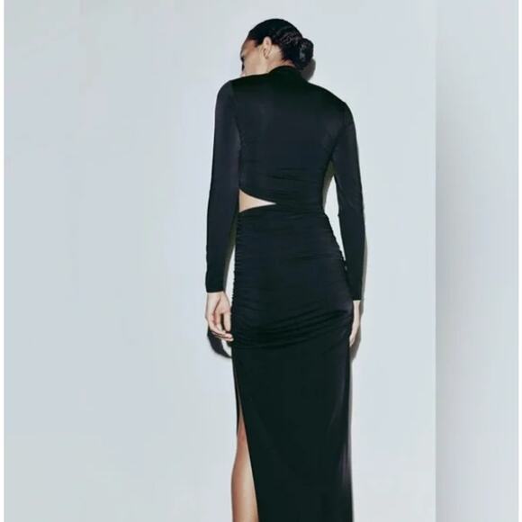 Zara NWT Black Cutout Maxi Dress Medium Long Sleeve Ruched Bodycon Modern - Picture 2 of 13